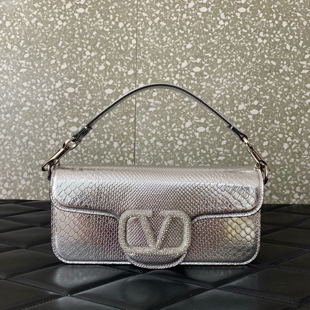 Valentino Garavani Loco Shoulder Bag in Silver Snake Grain Calfskin Leather